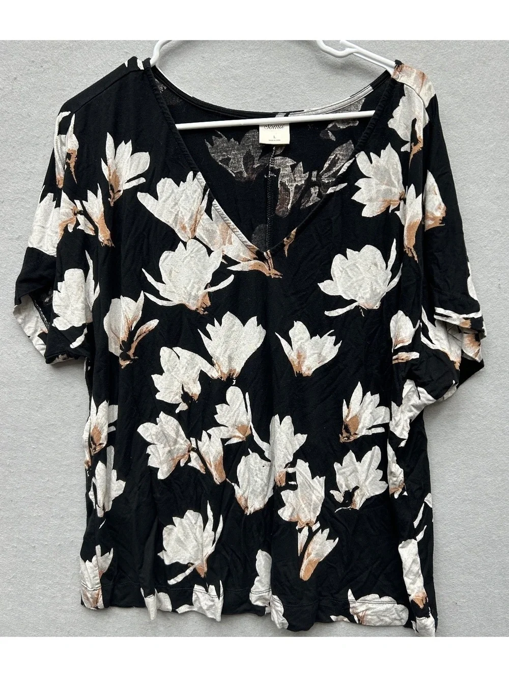 Soma Black with White Floral Brown V Neck Sleep Shirt Womens Size L